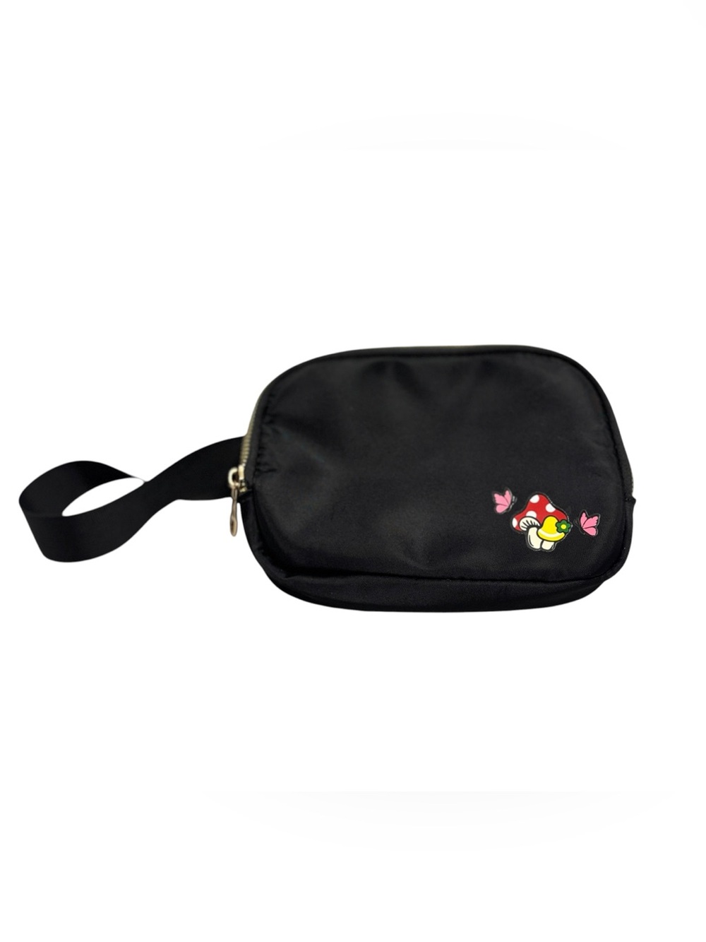 Black Fanny Pack Crossbody Pouch with Playful Mushroom Accent Adjustable Strap